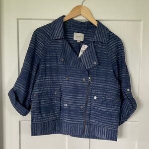 NWT Ann Taylor LOFT Denim Moto Jacket Blue Stripe Turn-up Sleeves Pockets Snaps